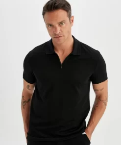Defacto Regular Fit Zipper Polo T-Shirt Black 9 Black Polo T-Shirt by Defacto