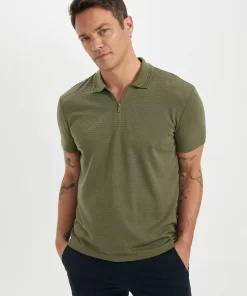 Defacto Regular Fit Zipper Polo T-Shirt Olive Green 9 Olive Green Polo T-Shirt by Defacto