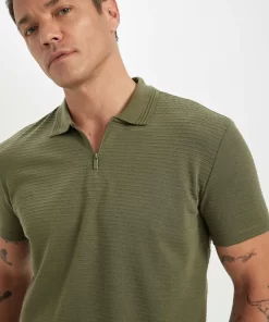 Defacto Regular Fit Zipper Polo T-Shirt Olive Green 10 Olive Green Polo T-Shirt by Defacto
